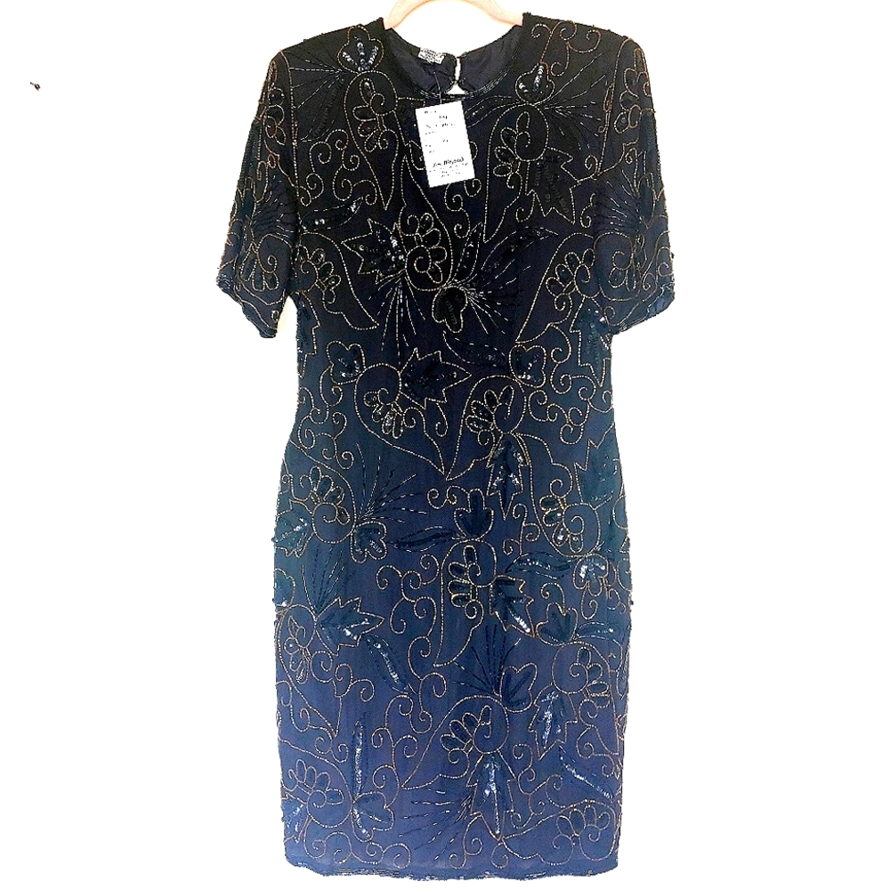 Vintage 100% Silk Jim Birjand Semi Sheer Beaded Cocktail Dress